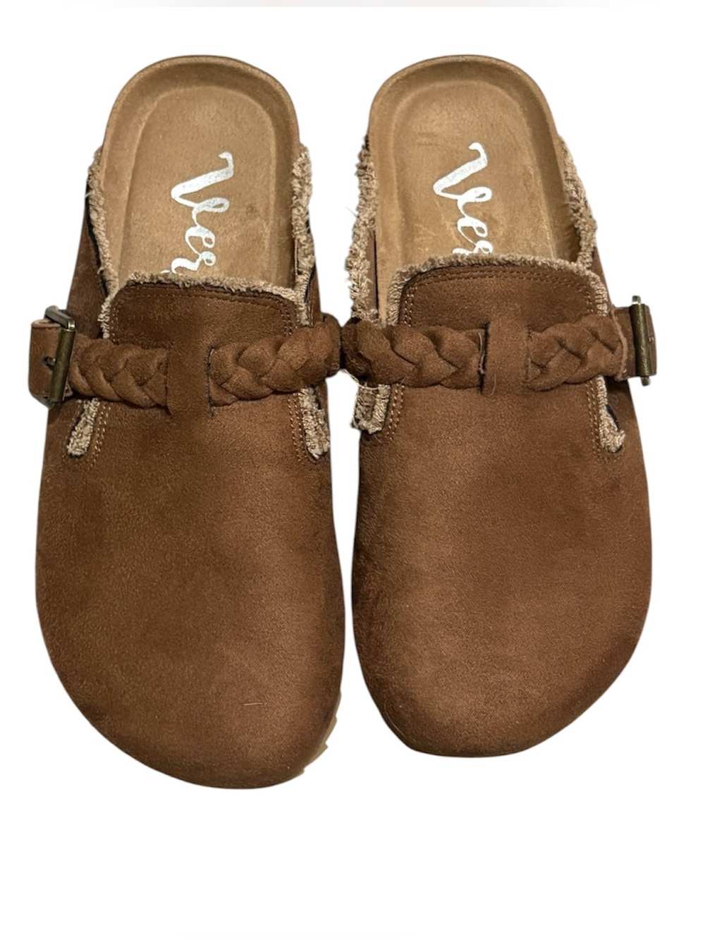 Very G Brown Suede Braided Buckle Slide Clogs